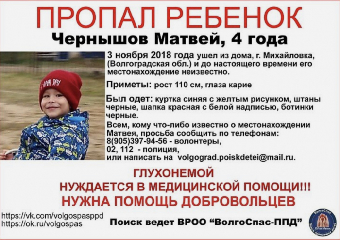 В Волгоградской области ищут бесследно пропавшего 4-летнего глухонемого мальчика